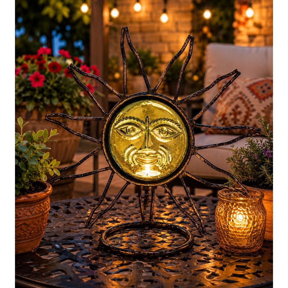 Vintage Celestial Sun Face Candle Holder Green Glass Metal Southwestern Decor